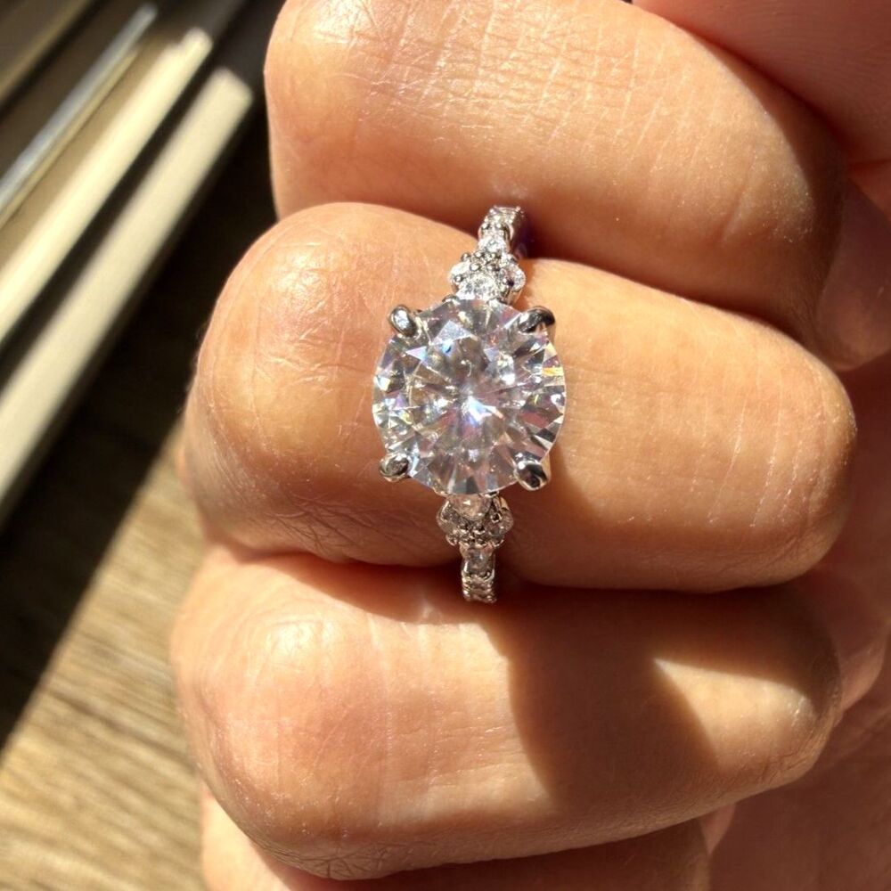 Round Cut Moissanite Rhodium Plated Pavé Floral Ring Size 5